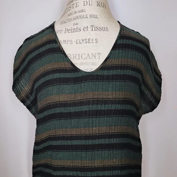 Eileen Fisher Gauzy Organic Cotton Top Womens L/XL Black Green Tan Stripes - Picture 2 of 10